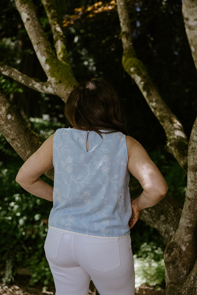 Embroidered Floral Sleeveless Top - Blue