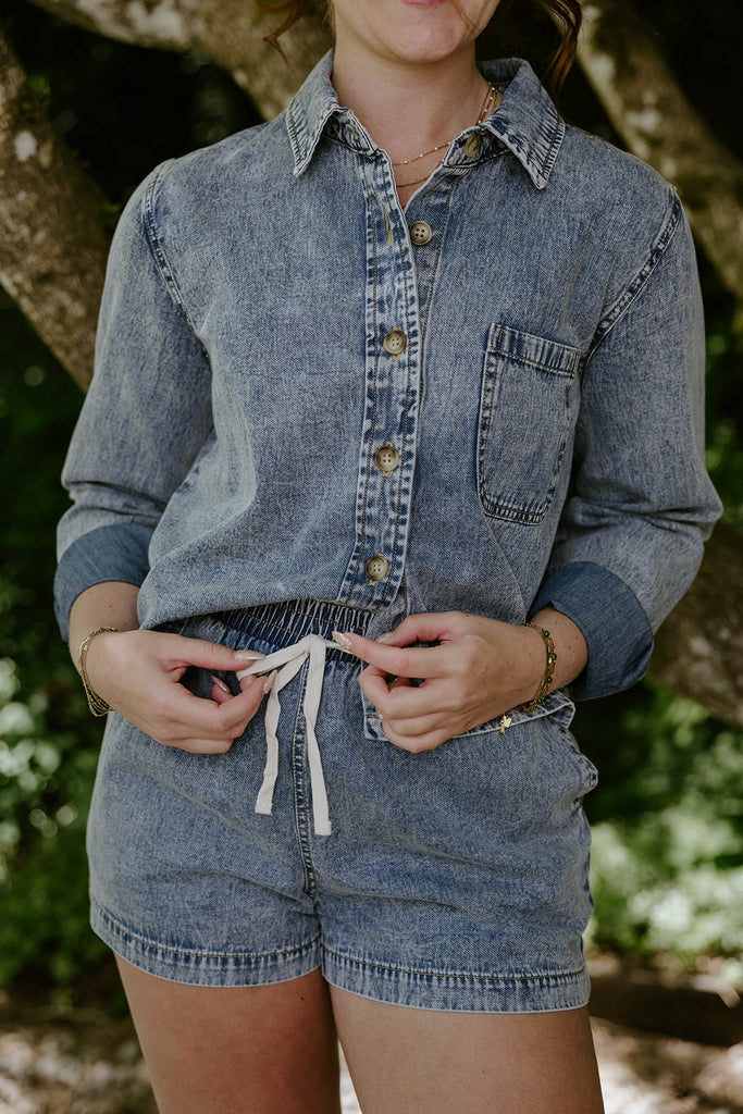 Washed Denim Boxy Shirt & Shorts Set