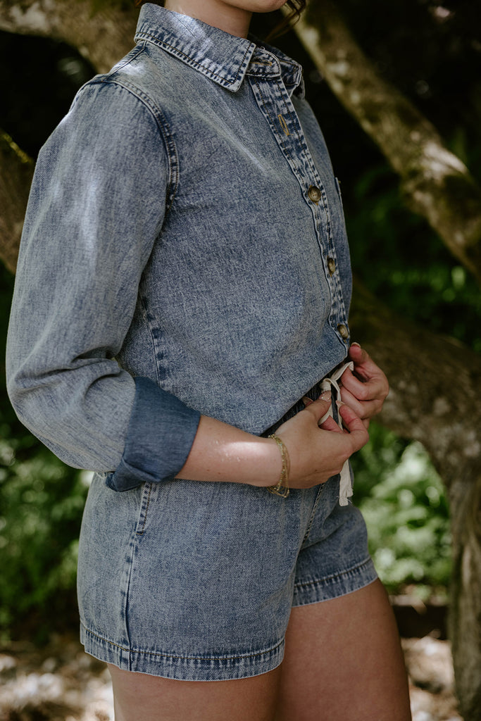 Washed Denim Boxy Shirt & Shorts Set