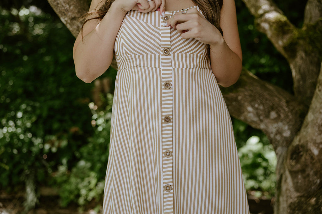 Stripe Button Down Midi - Khaki