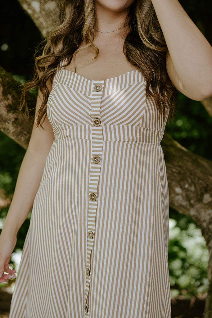 Stripe Button Down Midi - Khaki