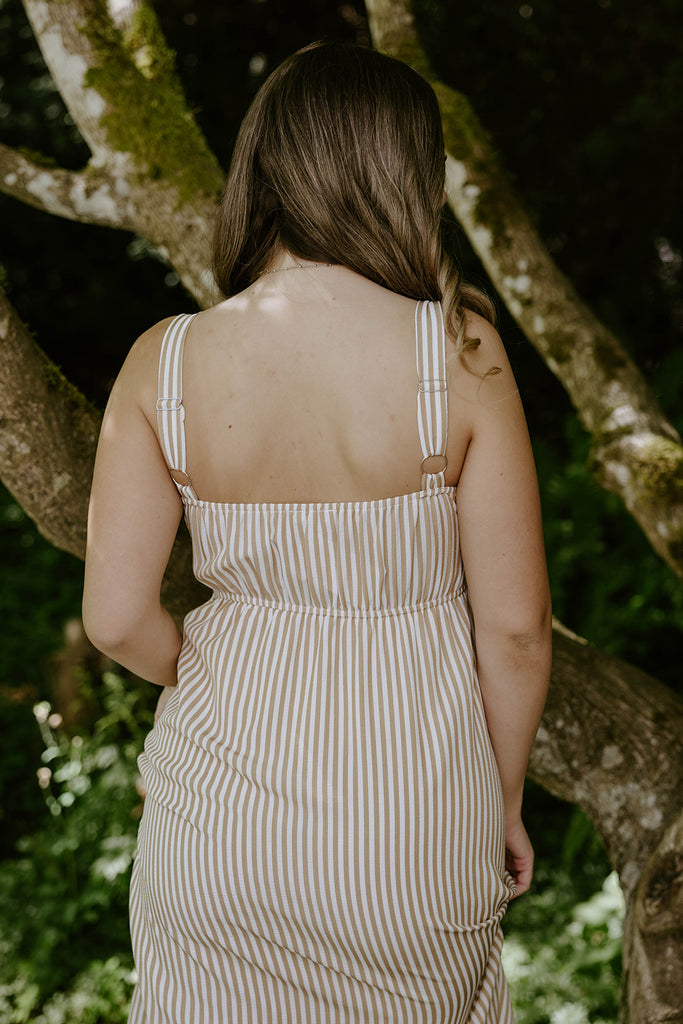 Stripe Button Down Midi - Khaki