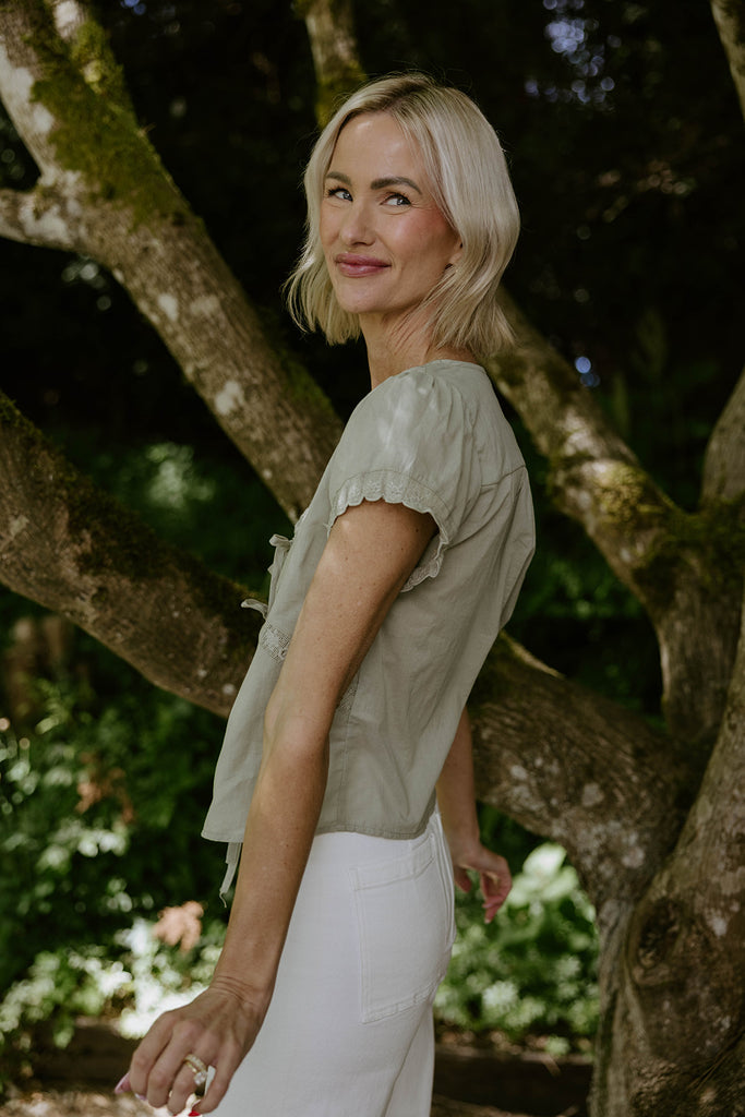 Scalloped Embroidered Front Tie Top – Sage Green