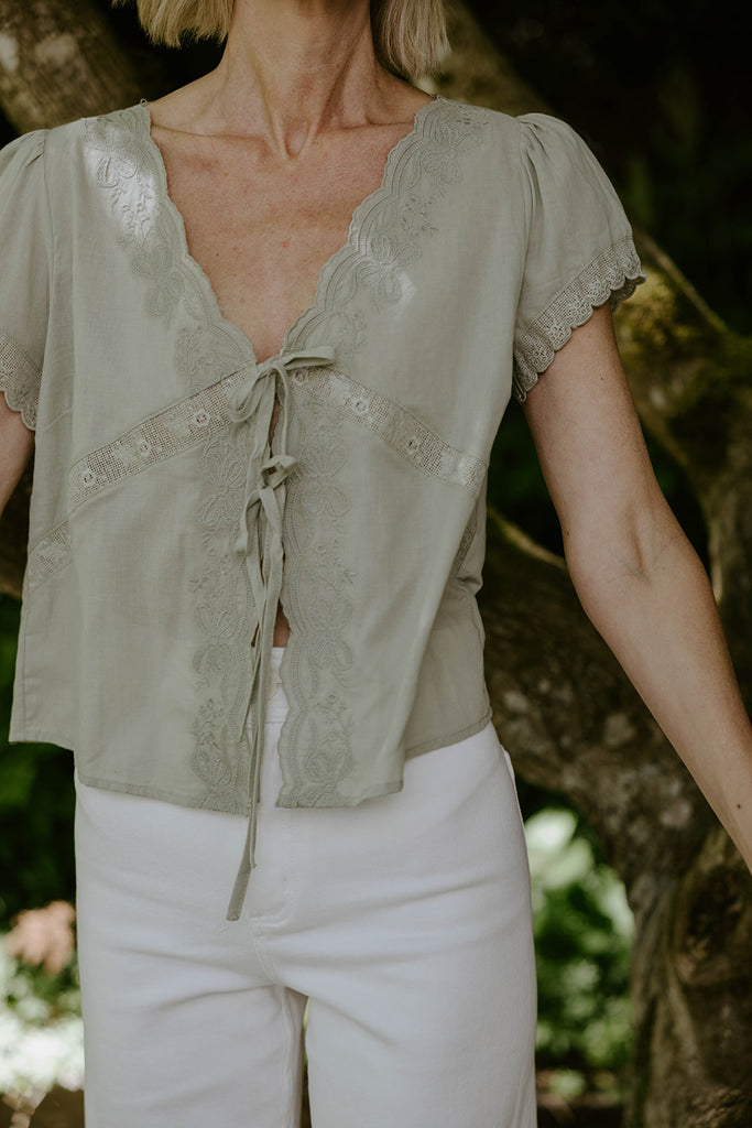 Scalloped Embroidered Front Tie Top – Sage Green