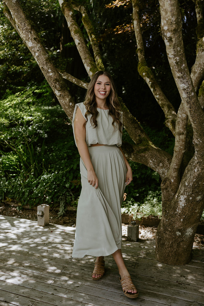 Bubble Top & Flowy Midi Skirt Set - Olive