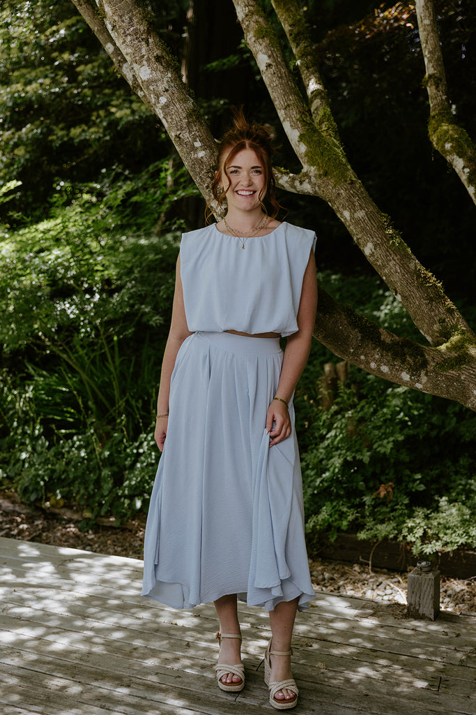 Bubble Top & Flowy Midi Skirt Set - Blue