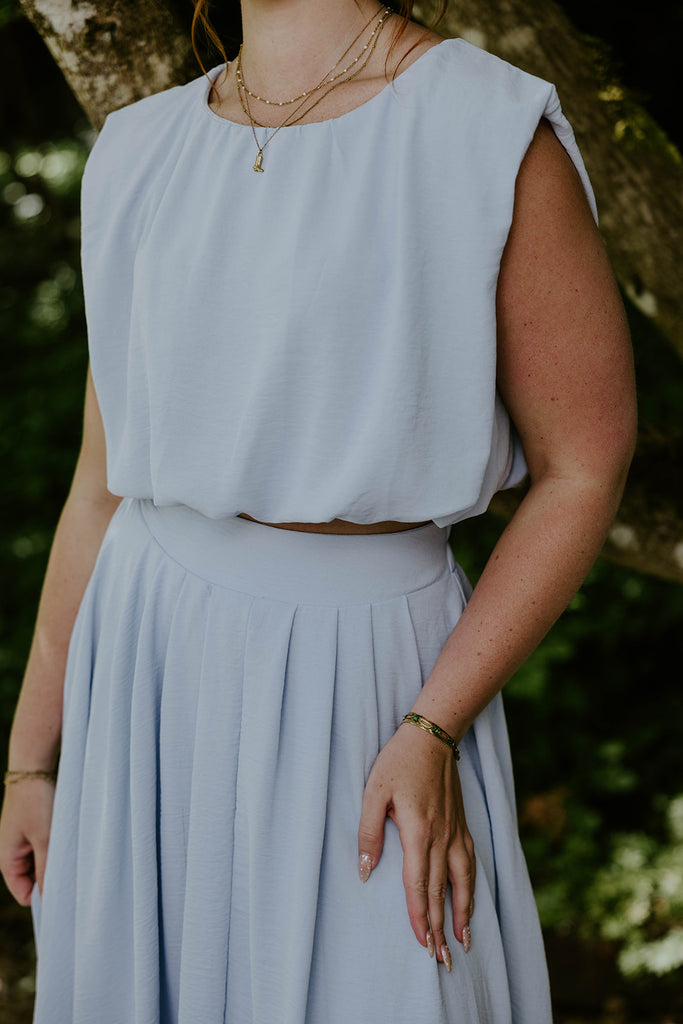 Bubble Top & Flowy Midi Skirt Set - Blue