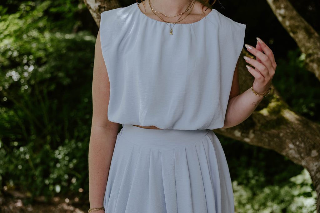 Bubble Top & Flowy Midi Skirt Set - Blue
