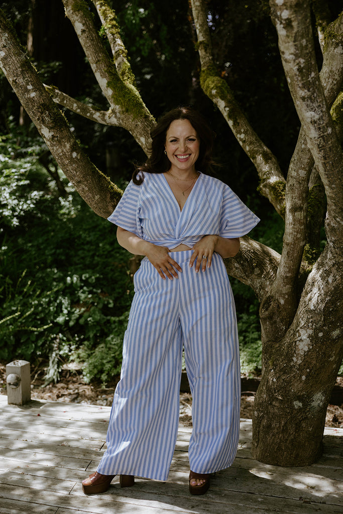 Striped Front Twist Top & Pant Set - Blue