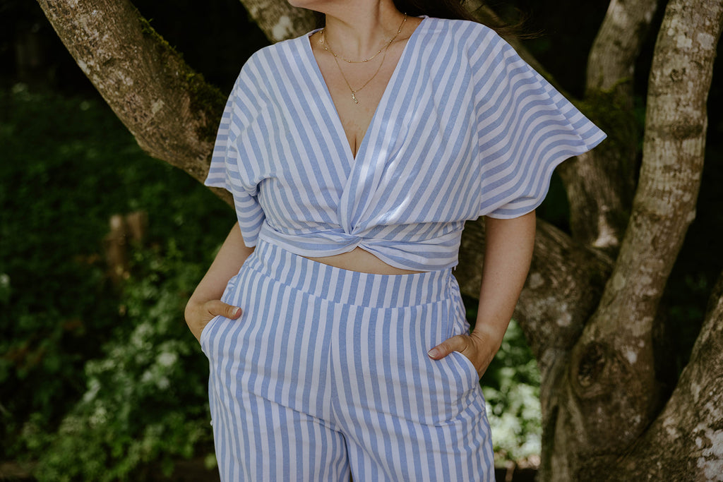 Striped Front Twist Top & Pant Set - Blue