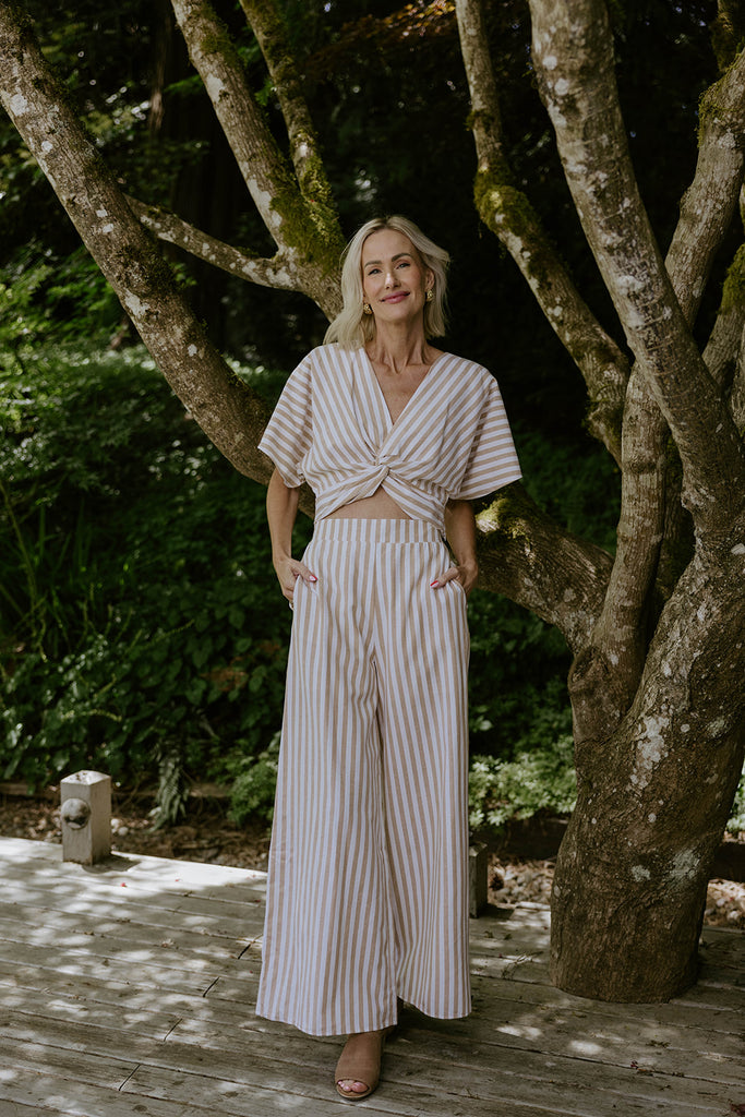 Striped Front Twist Top & Pant Set - Taupe