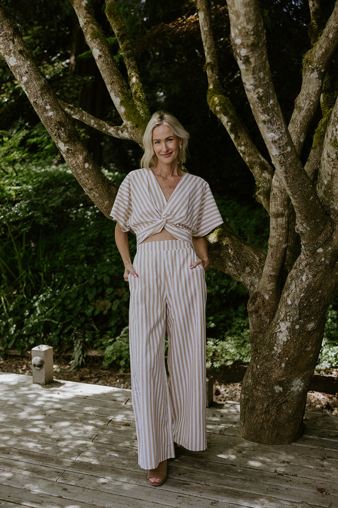 Striped Front Twist Top & Pant Set - Taupe