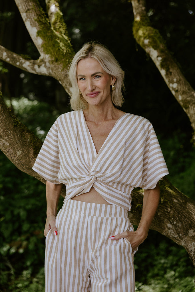 Striped Front Twist Top & Pant Set - Taupe