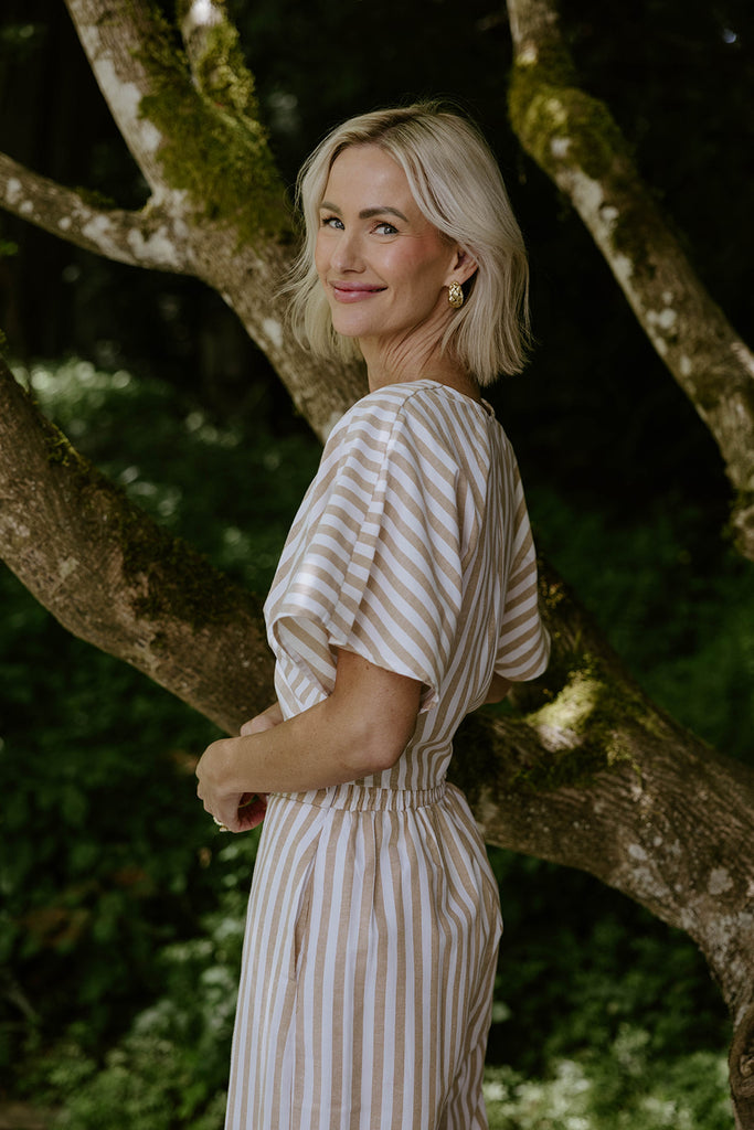 Striped Front Twist Top & Pant Set - Taupe