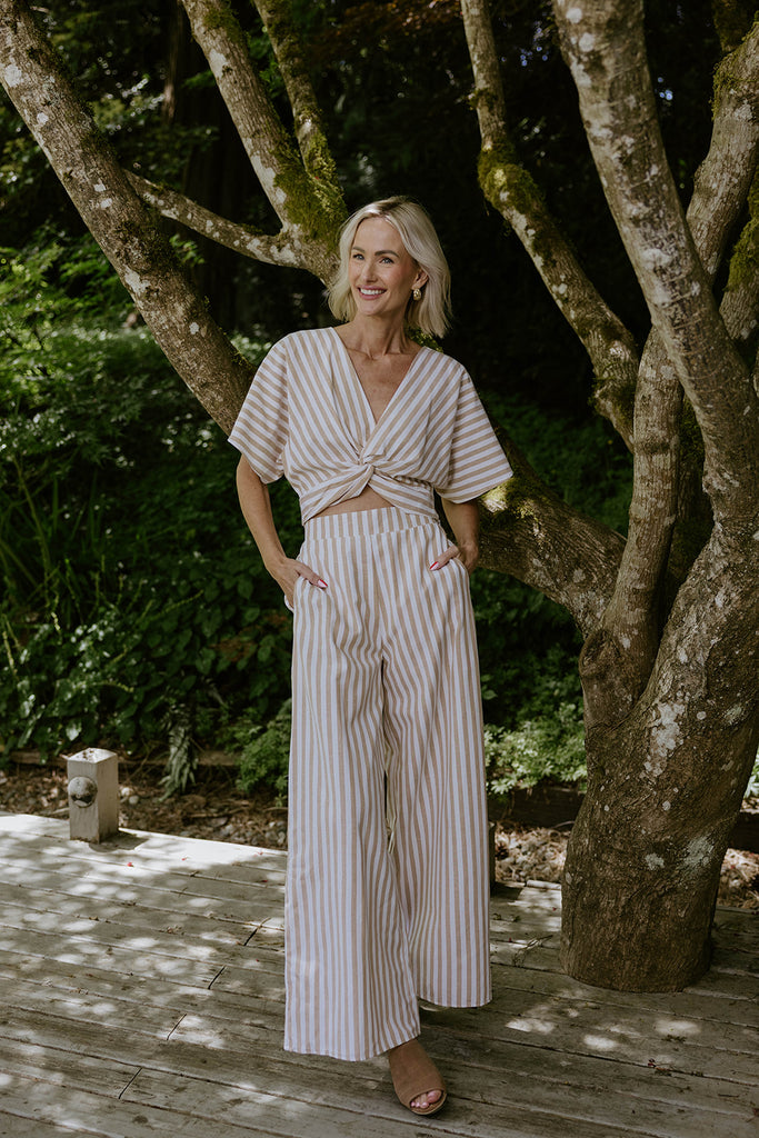 Striped Front Twist Top & Pant Set - Taupe