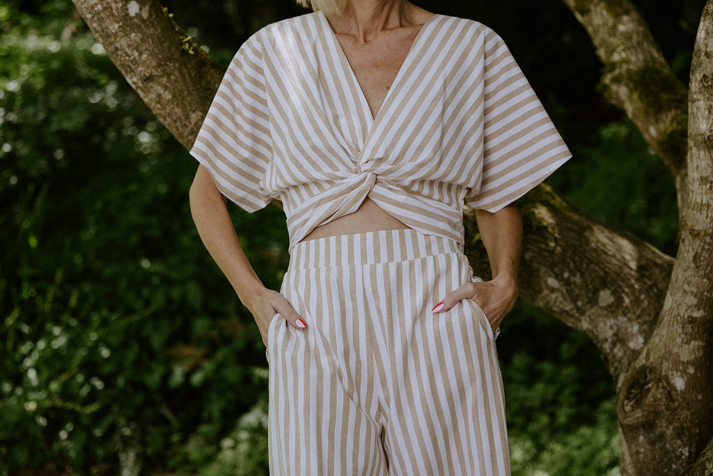Striped Front Twist Top & Pant Set - Taupe