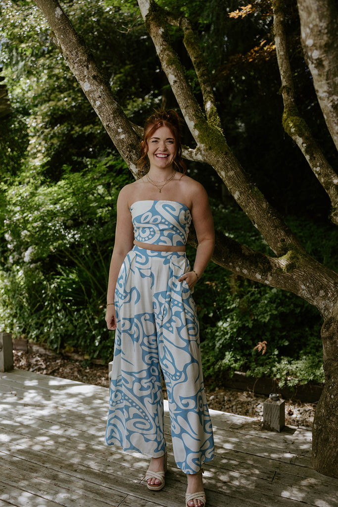 Abstract Print Top & Flowy Pant Set - Blue