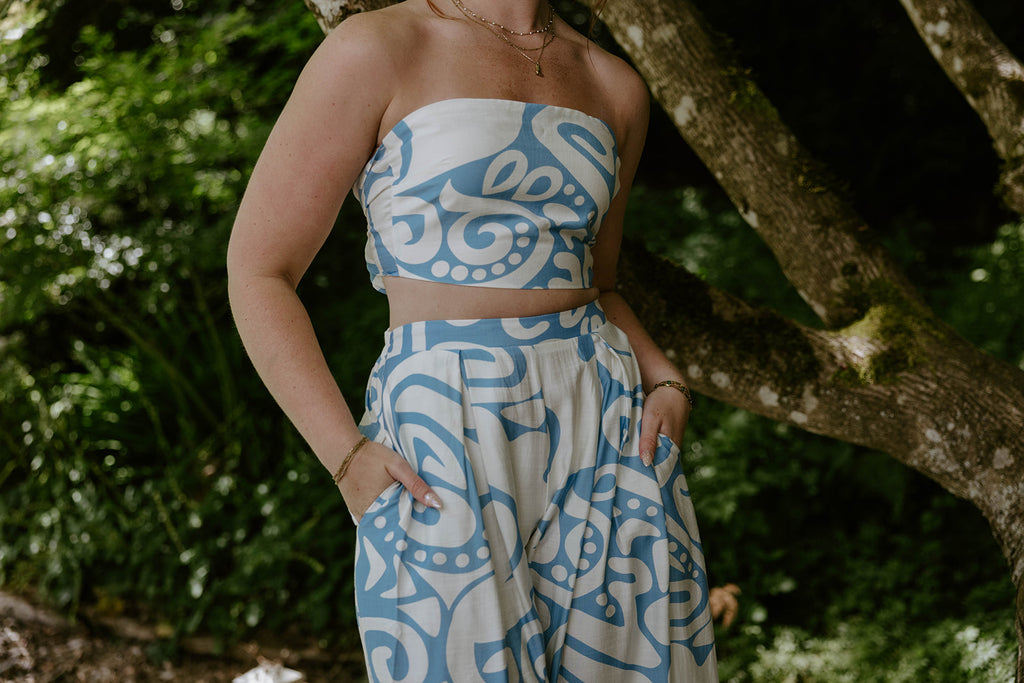 Abstract Print Top & Flowy Pant Set - Blue