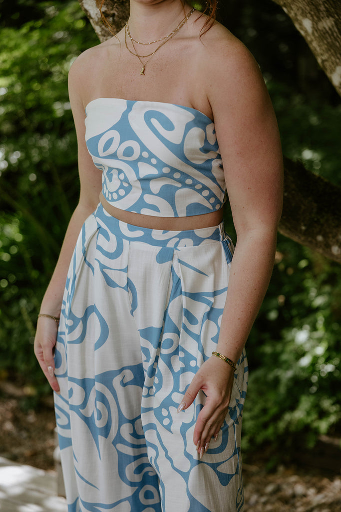 Abstract Print Top & Flowy Pant Set - Blue