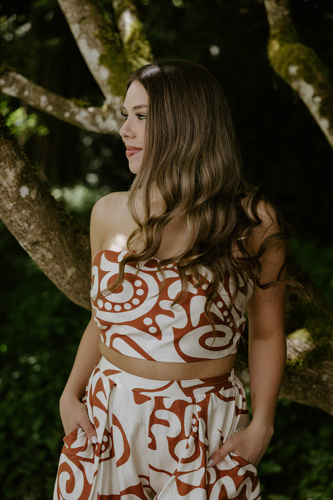 Abstract Print Top & Flowy Pant Set - Brown