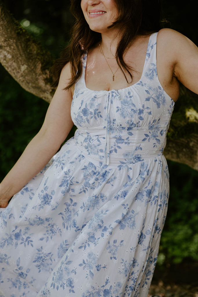 Floral Front Tie Corset Midi Dress - Blue