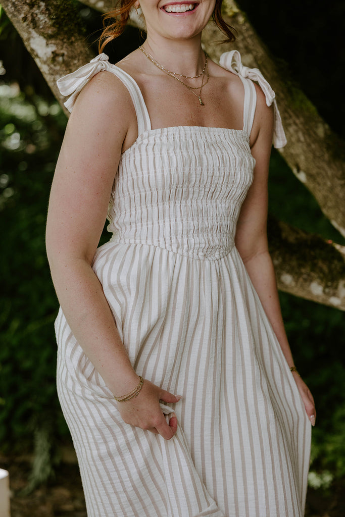 Striped Smocked Maxi - Taupe