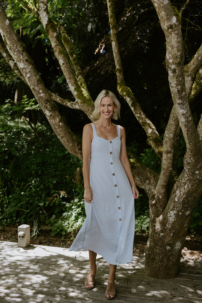 Stripe Button Down Midi Dress - Blue