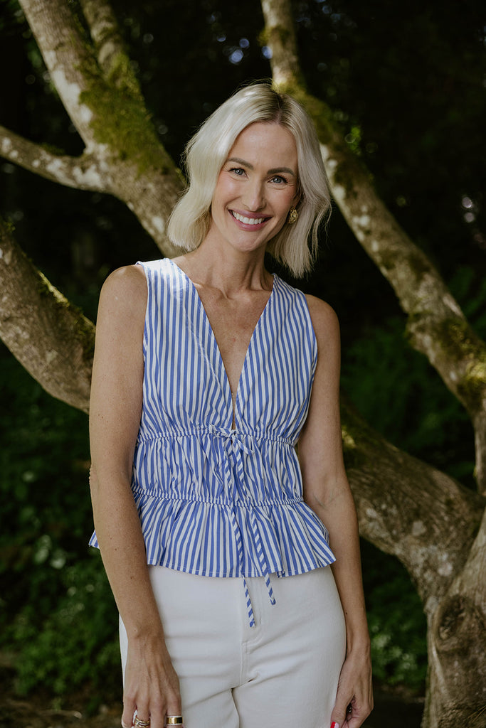 Sleeveless Striped Smocked Shirt - Blue