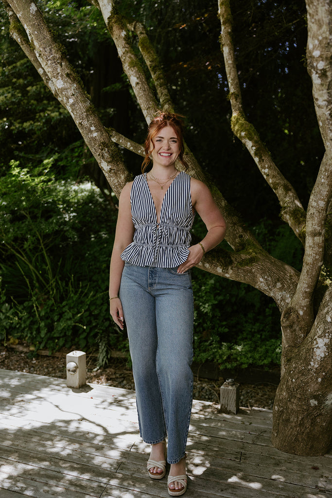 Sleeveless Striped Smocked Shirt - Navy