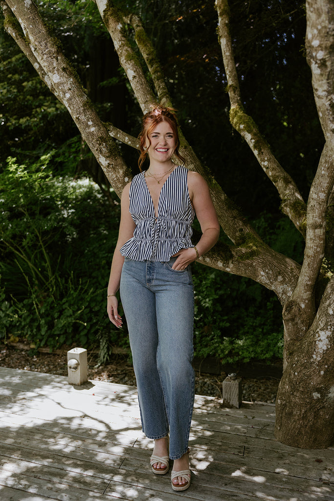 Sleeveless Striped Smocked Shirt - Navy