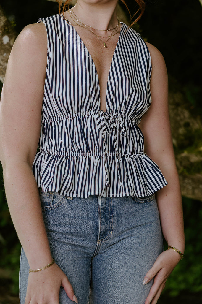 Sleeveless Striped Smocked Shirt - Navy