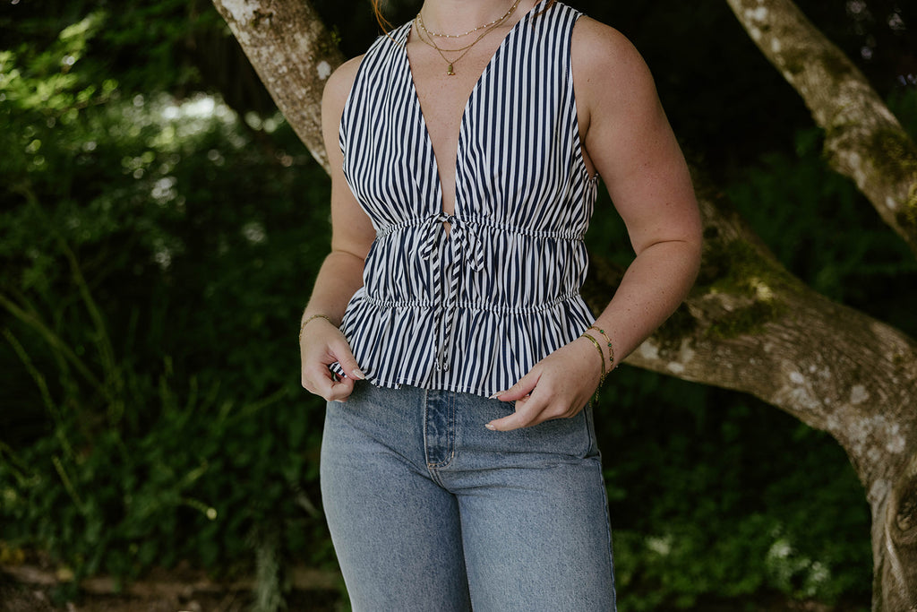 Sleeveless Striped Smocked Shirt - Navy