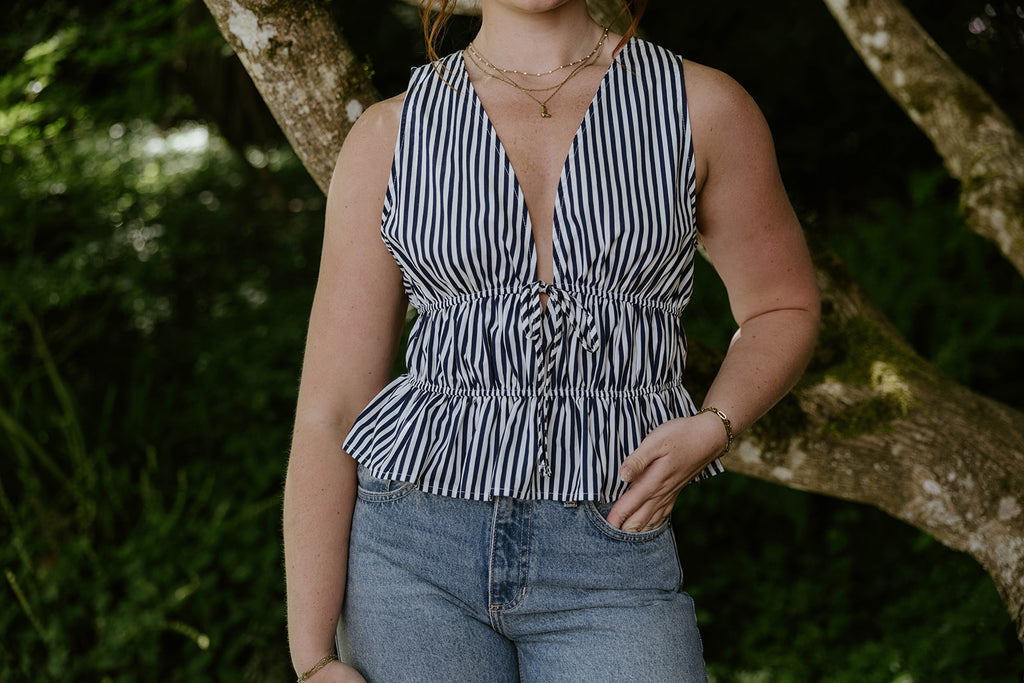 Sleeveless Striped Smocked Shirt - Navy