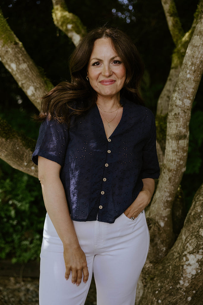 Button Up Eyelet Top - Navy