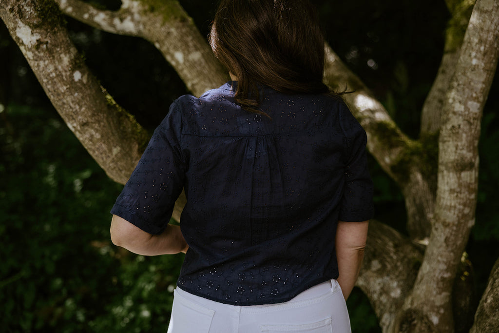 Button Up Eyelet Top - Navy