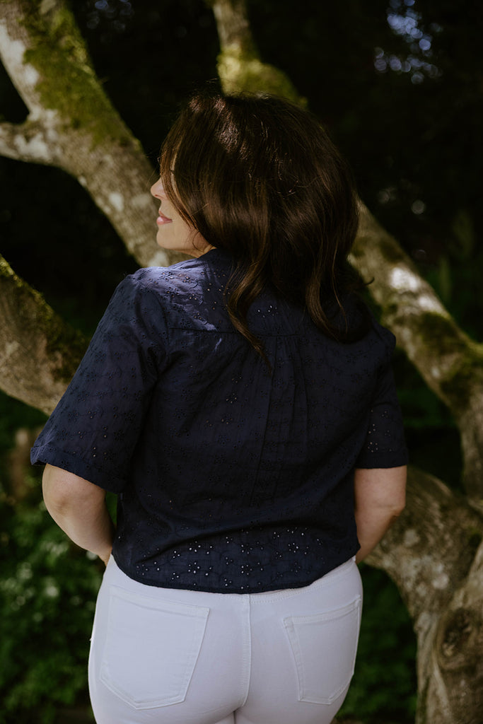 Button Up Eyelet Top - Navy
