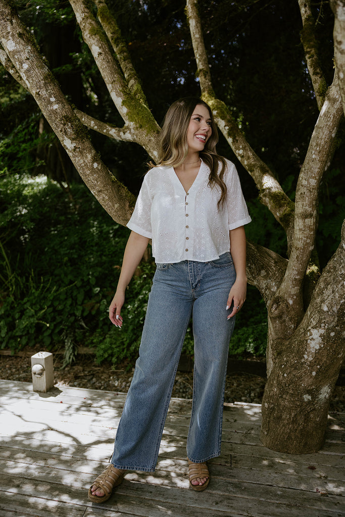 Button Up Eyelet Top - White