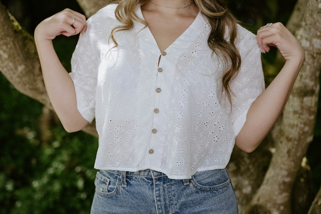 Button Up Eyelet Top - White