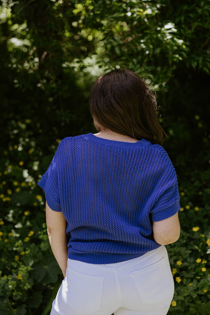 Crochet Knit Short Sleeve - Cobalt Blue