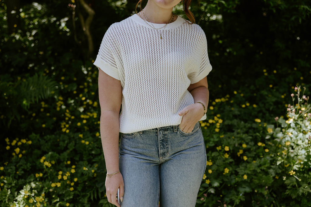 Crochet Knit Short Sleeve Sweater - White