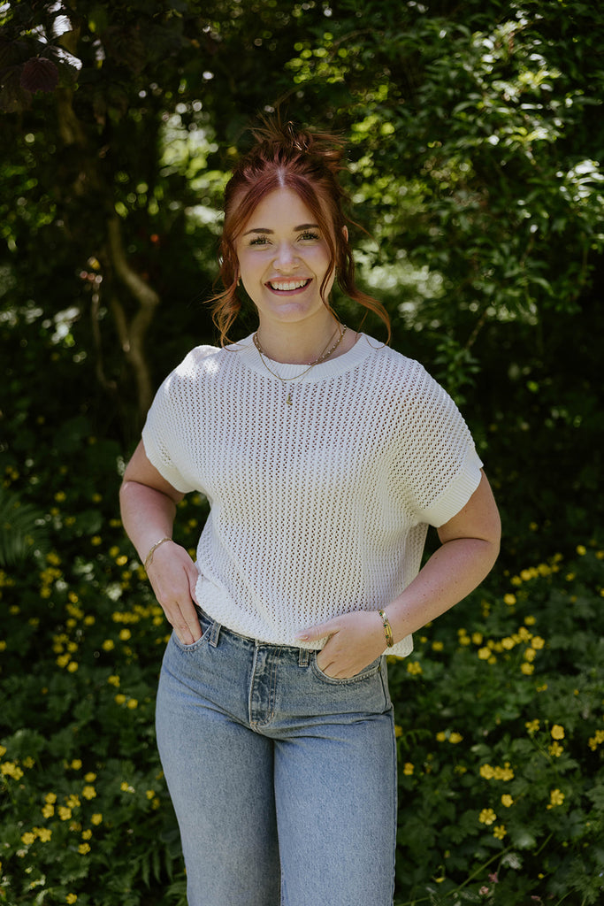 Crochet Knit Short Sleeve Sweater - White