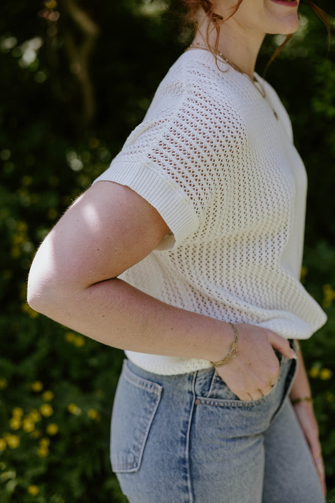 Crochet Knit Short Sleeve Sweater - White