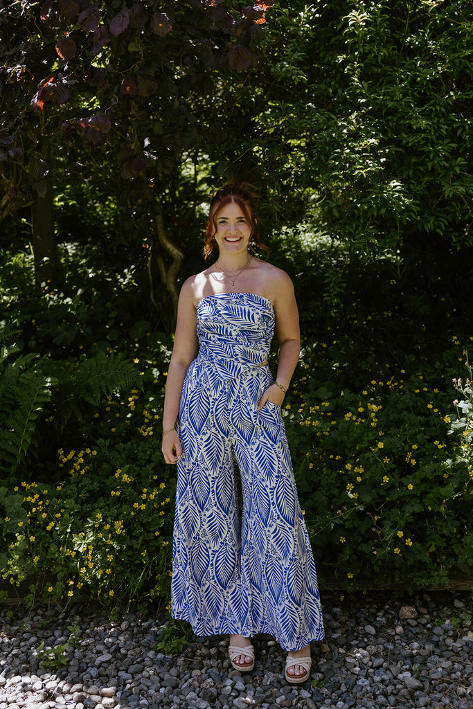 Palm Print Top & Pant Set - Blue