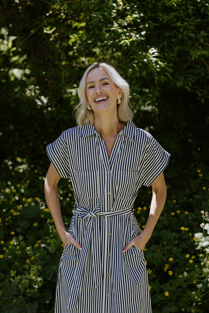 Striped Classic Button Up Midi - Navy