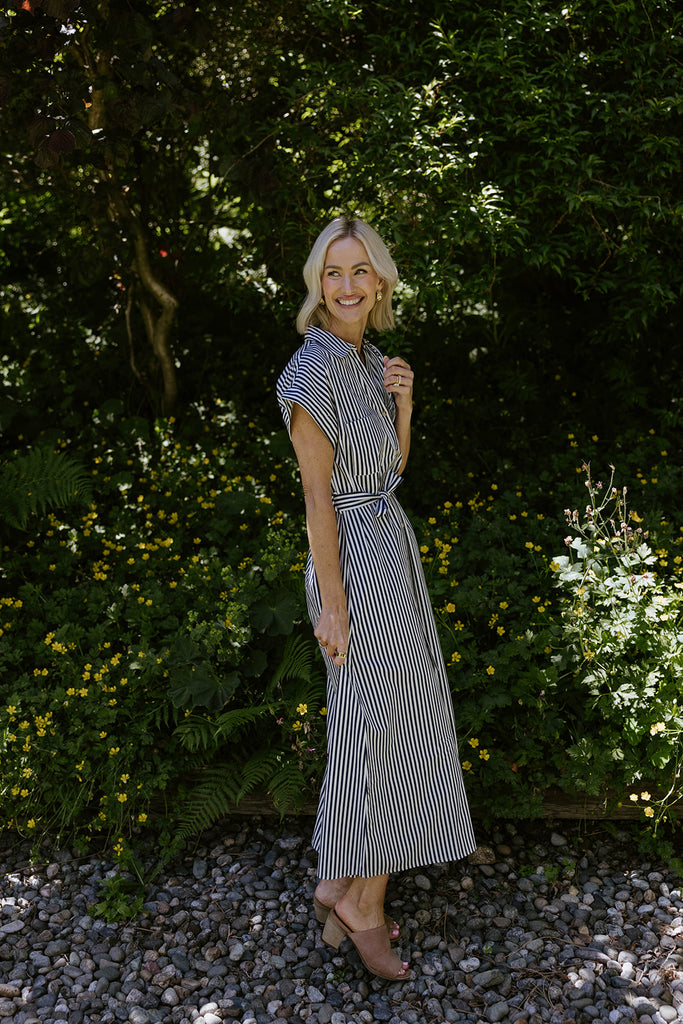 Striped Classic Button Up Midi - Navy