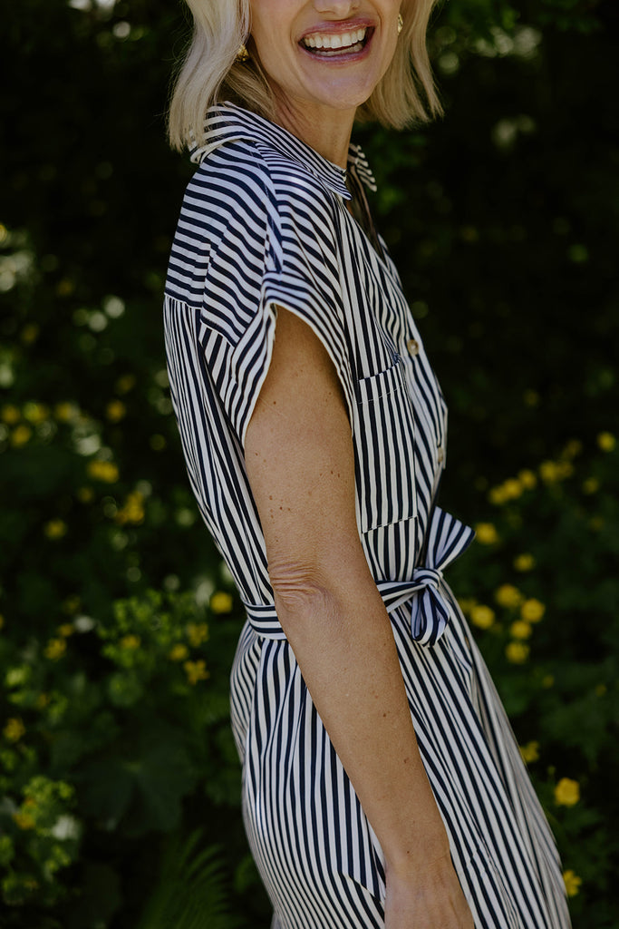 Striped Classic Button Up Midi - Navy