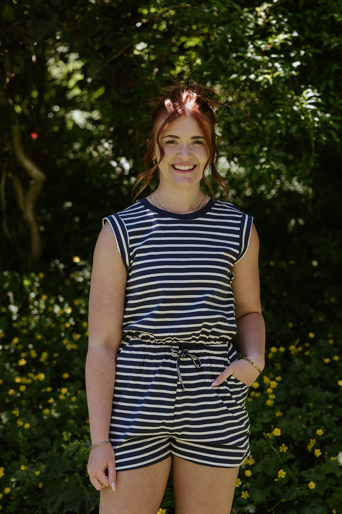Striped Casual Romper - Navy