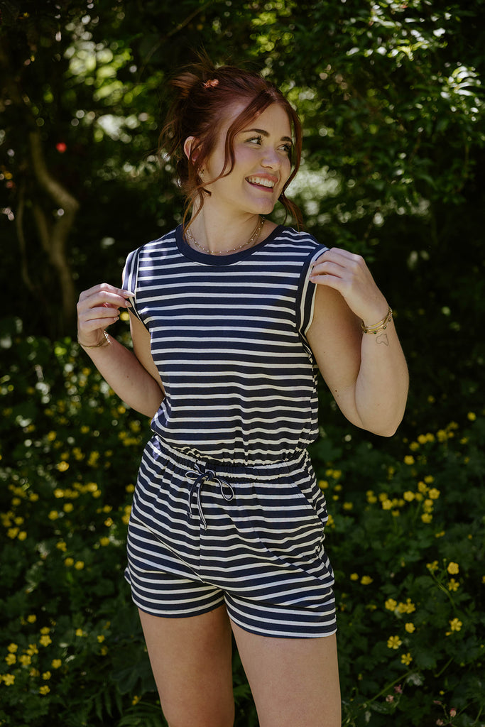 Striped Casual Romper - Navy