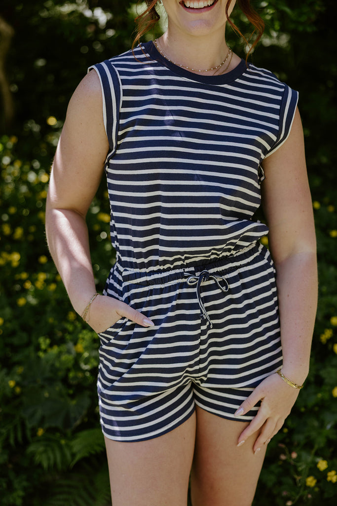 Striped Casual Romper - Navy