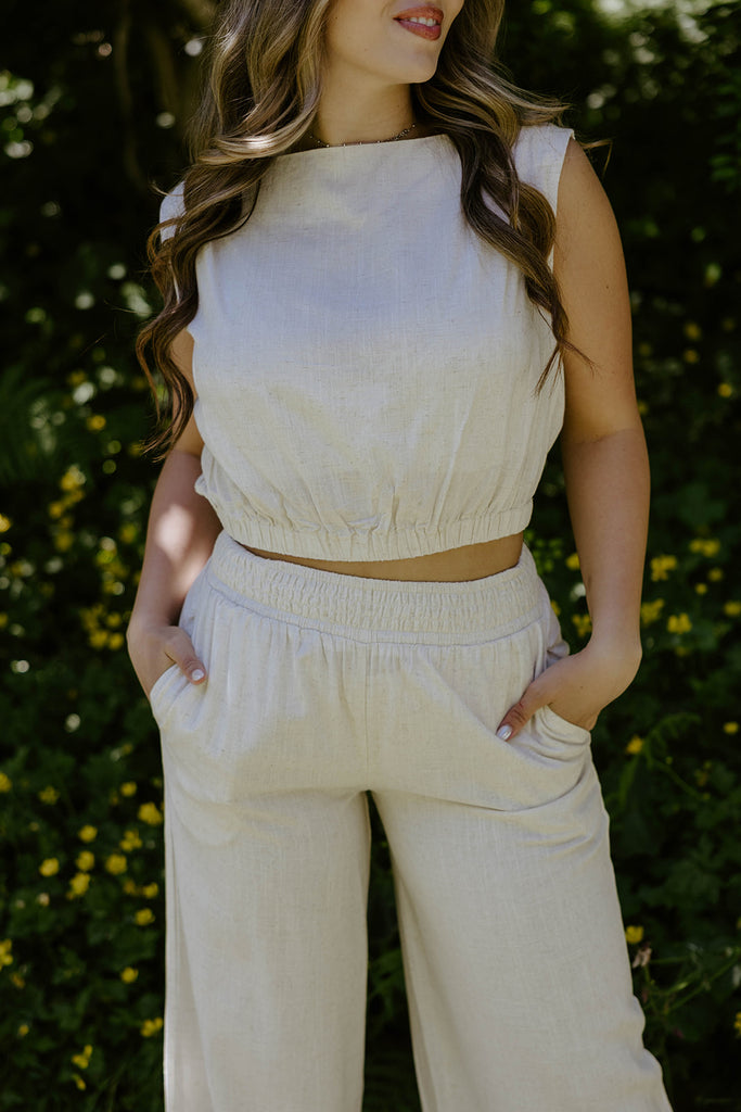 Linen Top & Flowy Pant Set - Oat